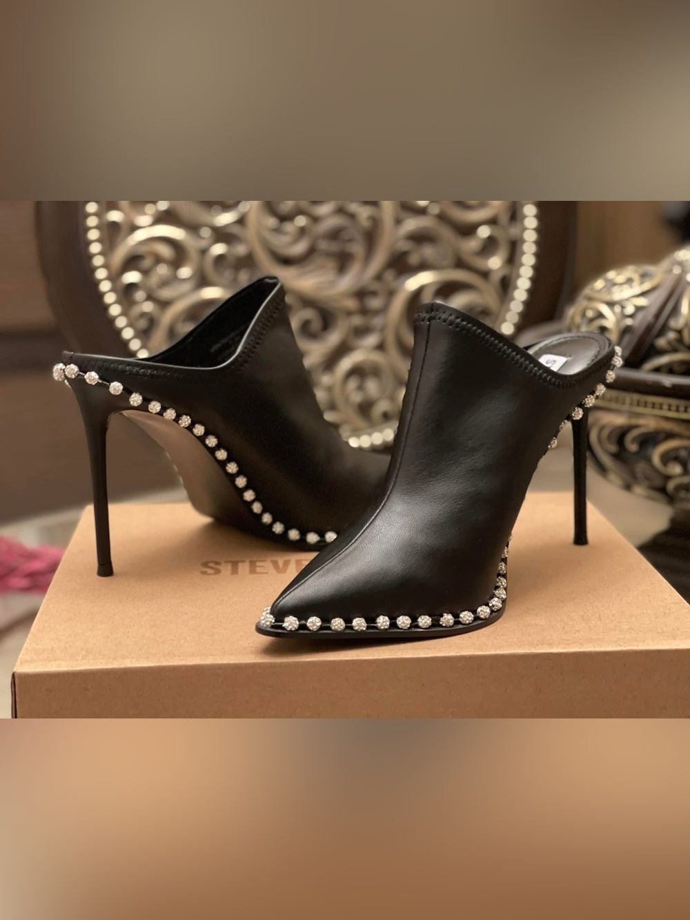 Steve Madden Black Crystal-Trim Pointed Toe Stiletto Mules